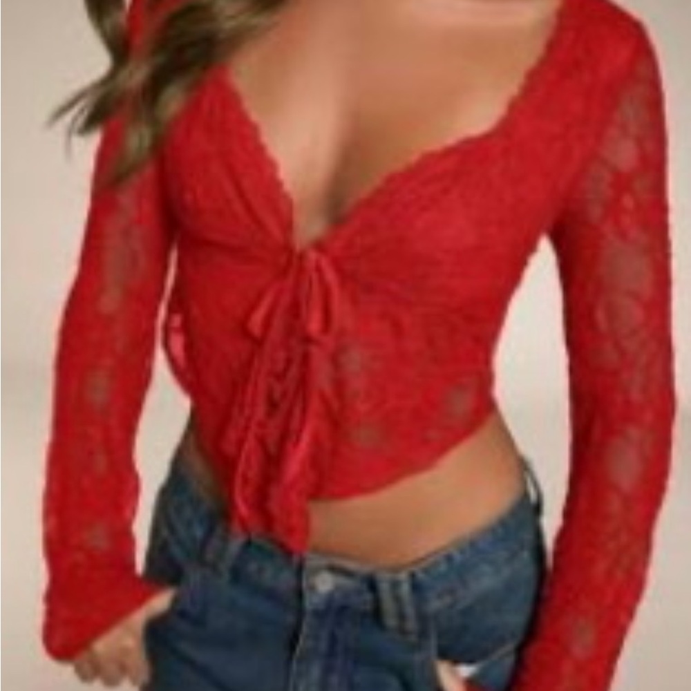 Red Lace Long Sleeve Top